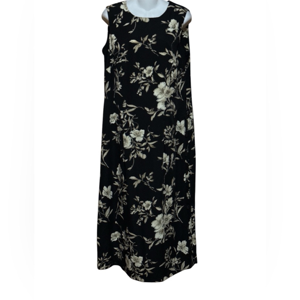 R&K Orginals Sz 14W Floral Black & Tan Sleeveless Maxi Dress Back Zipper Buttons
